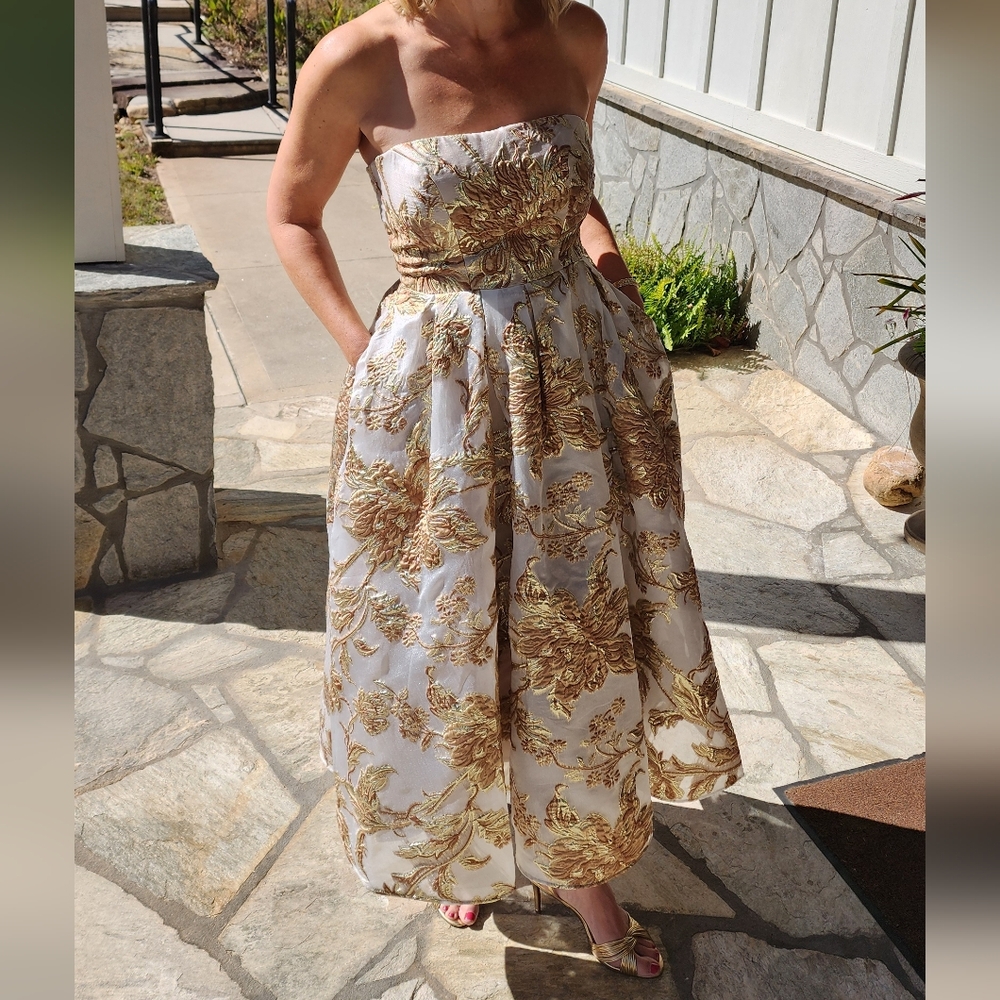 Mac Duggal Gold Brocade Strapless A-line Dress